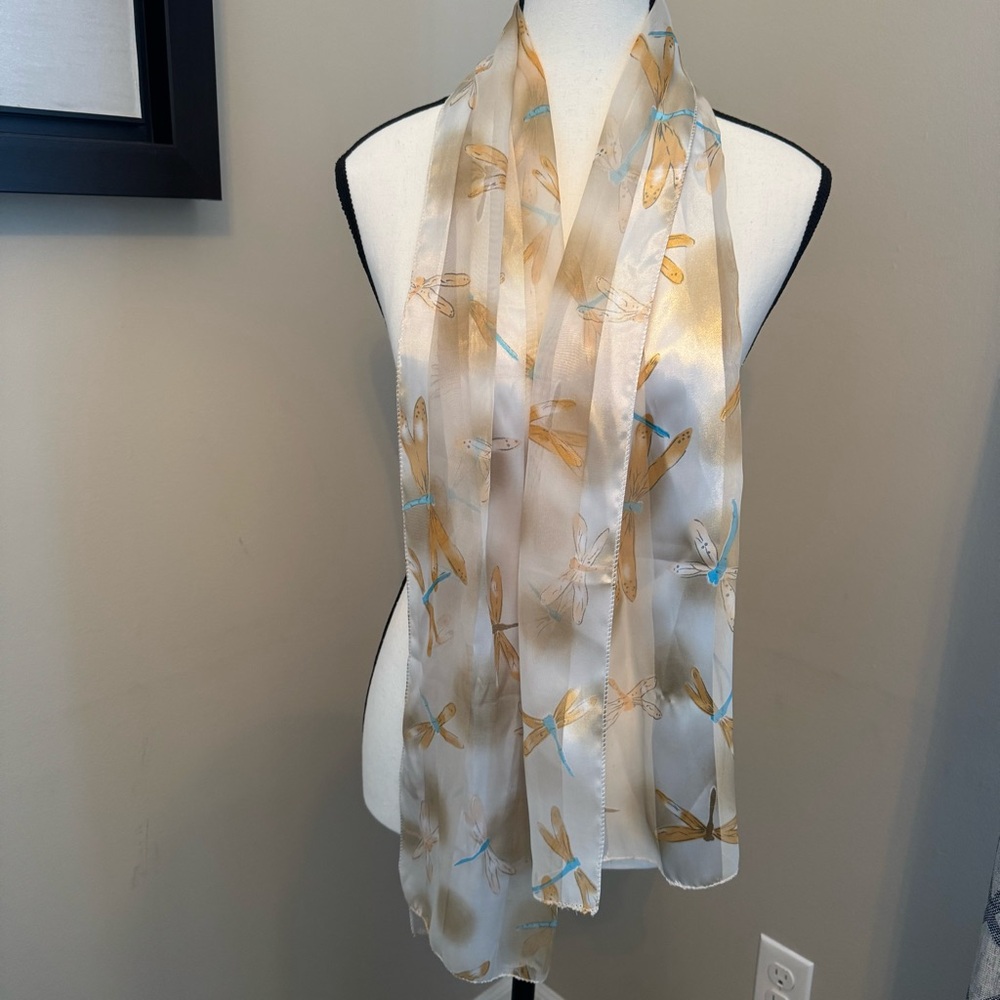 Vintage Dragonfly Sheer Chiffon Scarf Ivory Gold Turquoise Long
